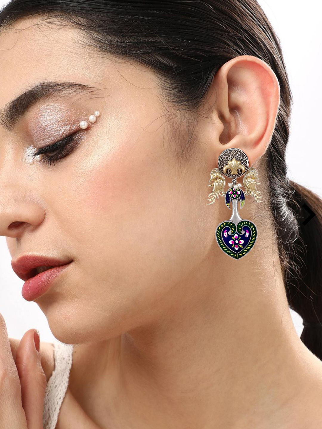 Nuyug  Oxidized Gold & Silver Plated Contemporary Hand Painted Peacock Motif Earrings