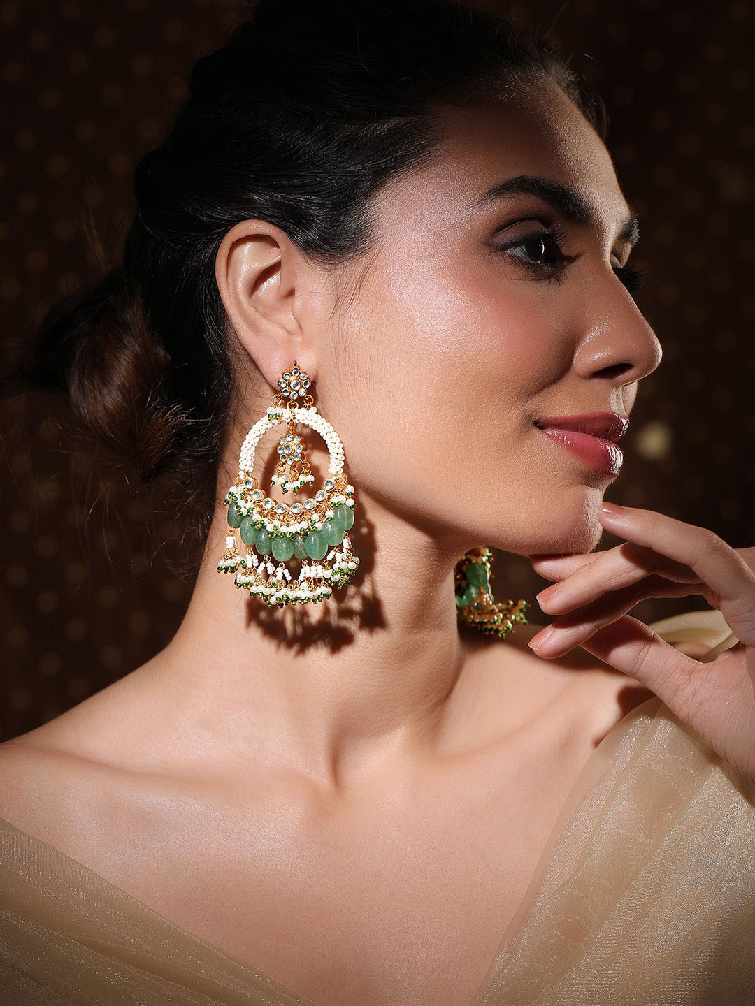 Rubans 22K Gold-Plated Green Beaded Traditional Chandbali Earrings with Pearl Details