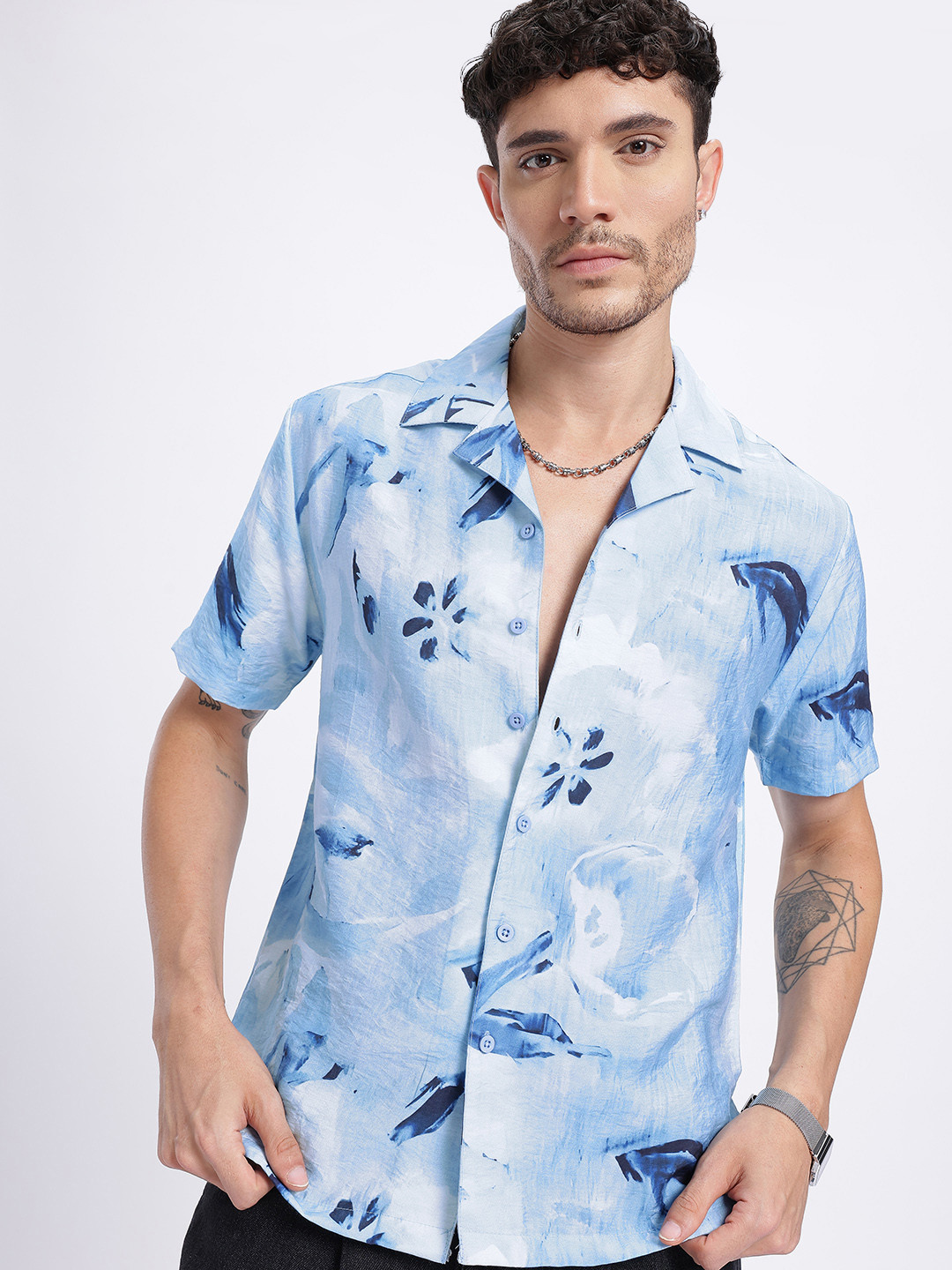 glitchez Floral Print Cuban Collar Regular Fit Relaxed Fit Shirt