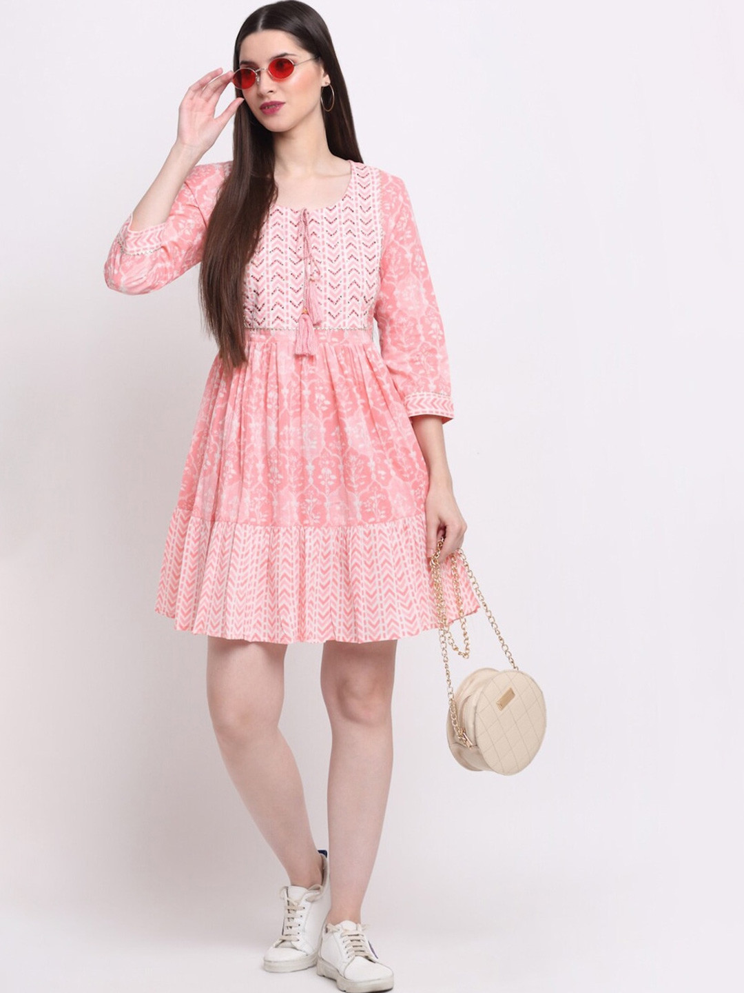 Handish Floral Print Tie-Up Neck Fit & Flare Dress
