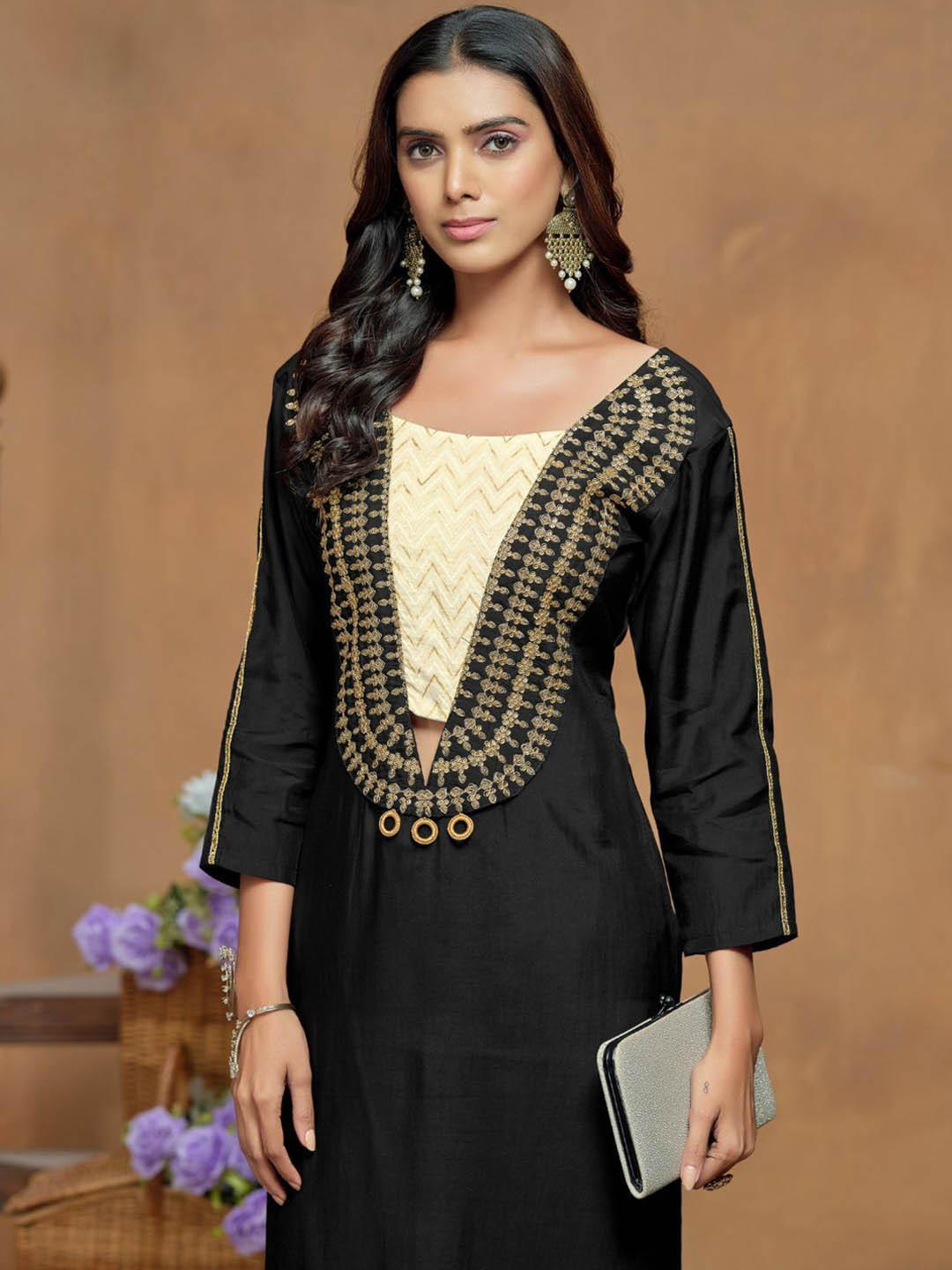 Sangria Black and Beige Embroidered Round Neck Tunic & Trouser