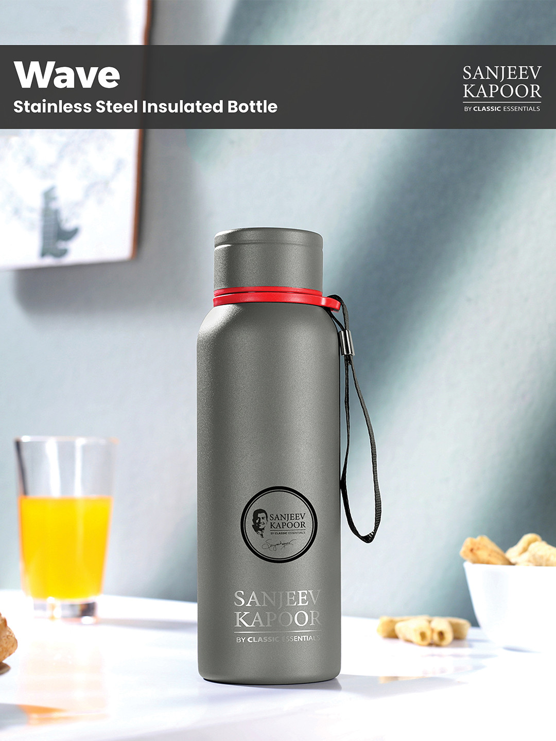 Classic Essentials Wave Grey Typography Stainless Steel Spill Proof Flask - 500ml