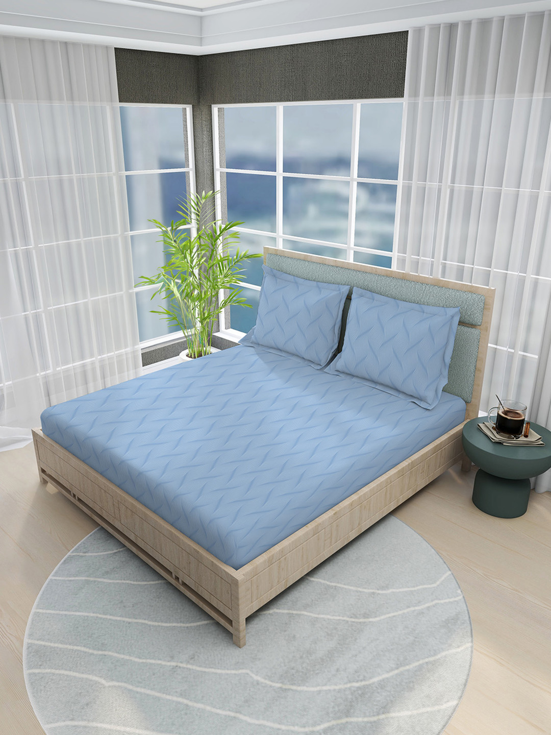 Boutique Living India Blue & White 800 TC King Bedsheet with 2 Pillow Covers