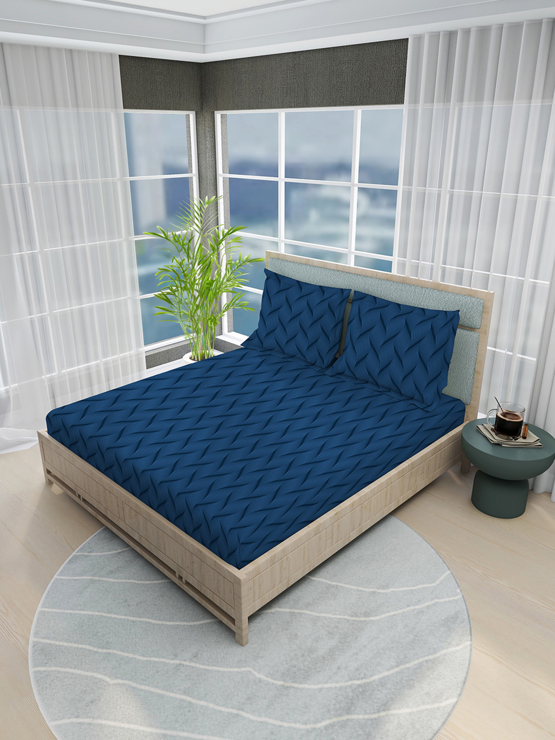 Boutique Living India Navy Blue Geometric 800 TC King Bedsheet with 2 Pillow Covers