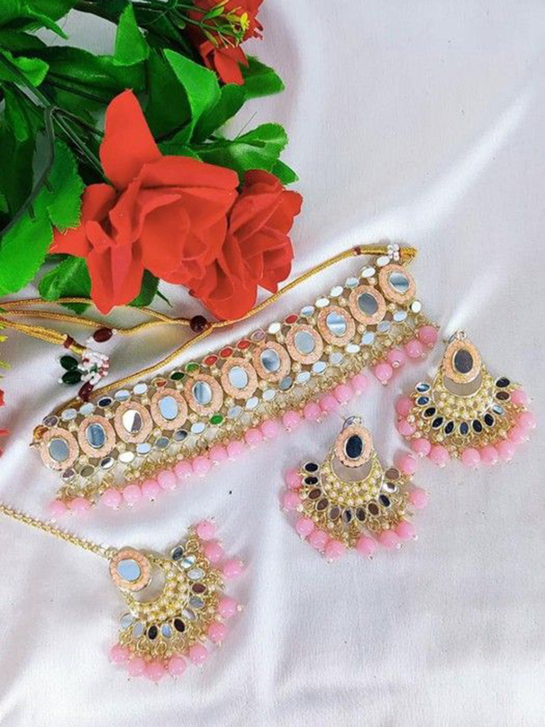 Gyaan Jewels Mirror Stone-Studded & Beaded Jewellery Set