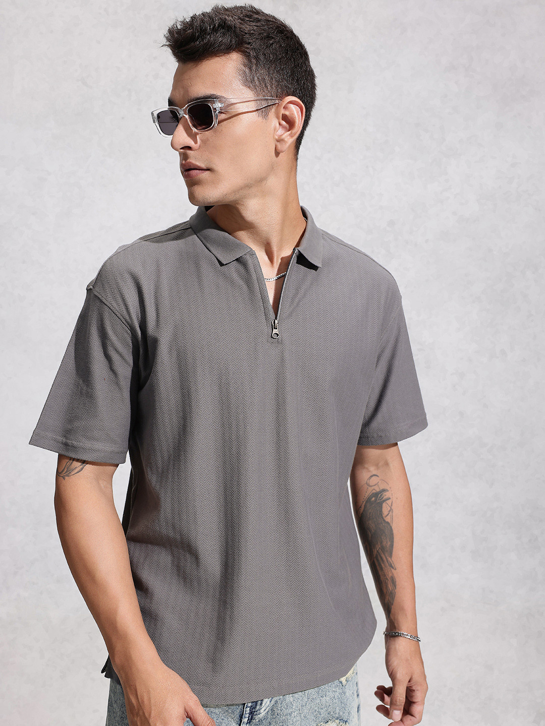 WROGN Polo Collar Self design Textured Oversized T-shirt