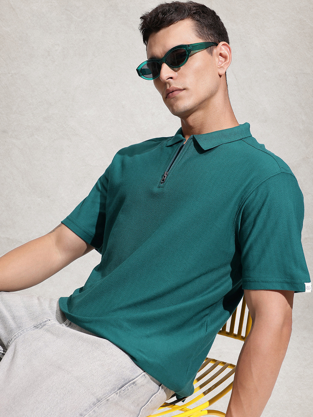 WROGN Polo Collar Self Designed Drop-Shoulder Sleeves Oversized T-shirt