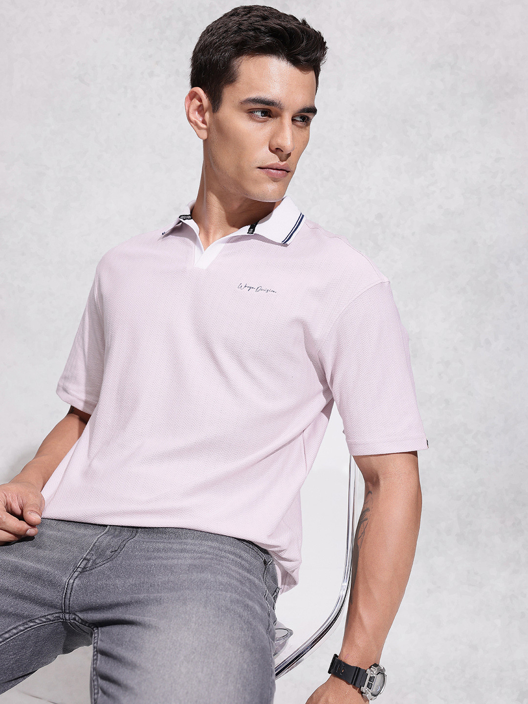 WROGN Self Design Textured Oversized Polo T-shirt