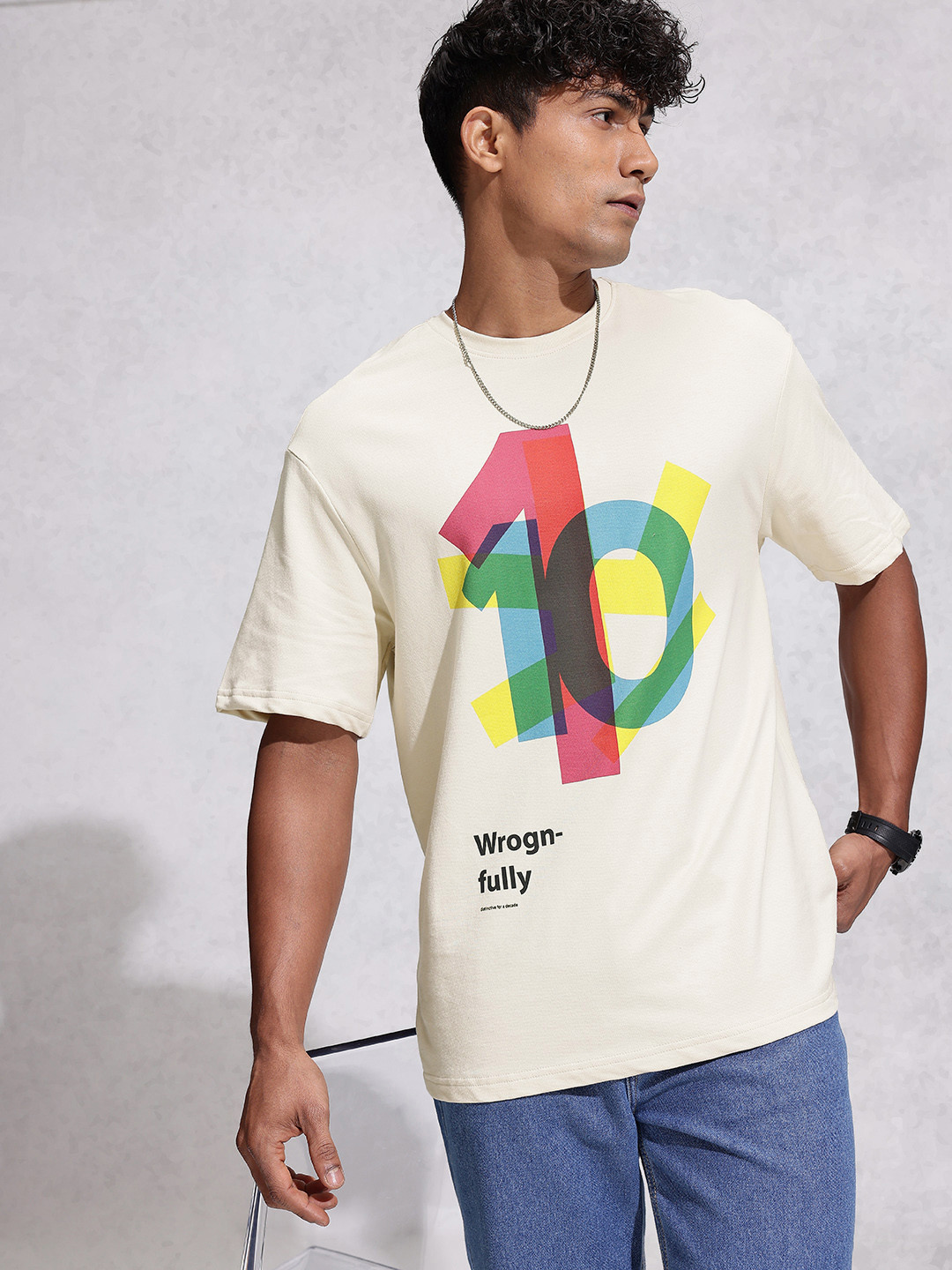 WROGN Typography Printed Drop-Shoulder Sleeves Pure Cotton Oversized T-shirt
