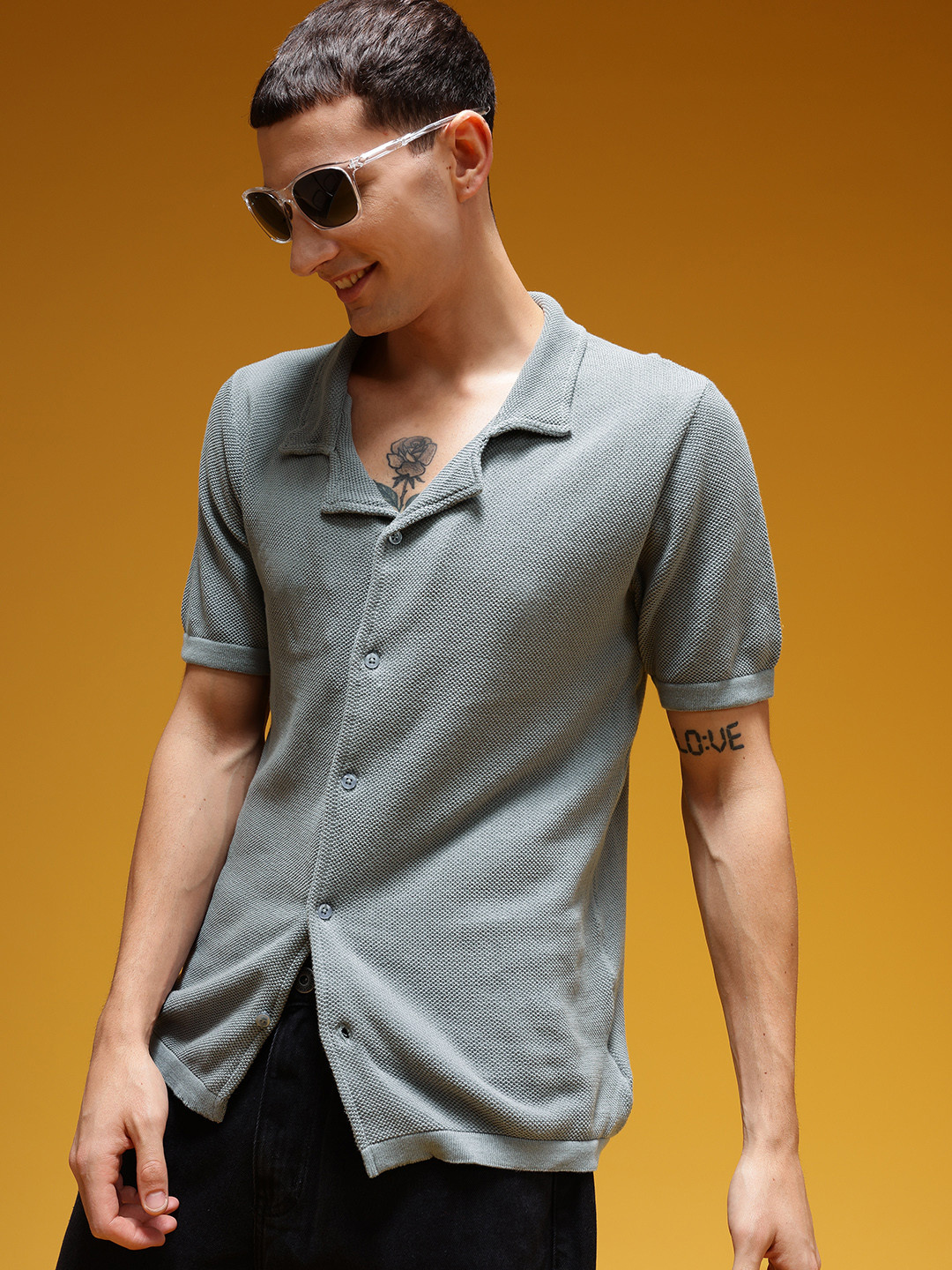 HERE&NOW Cable-Knits Cuban Collar Pure Cotton Opaque Casual Shirt
