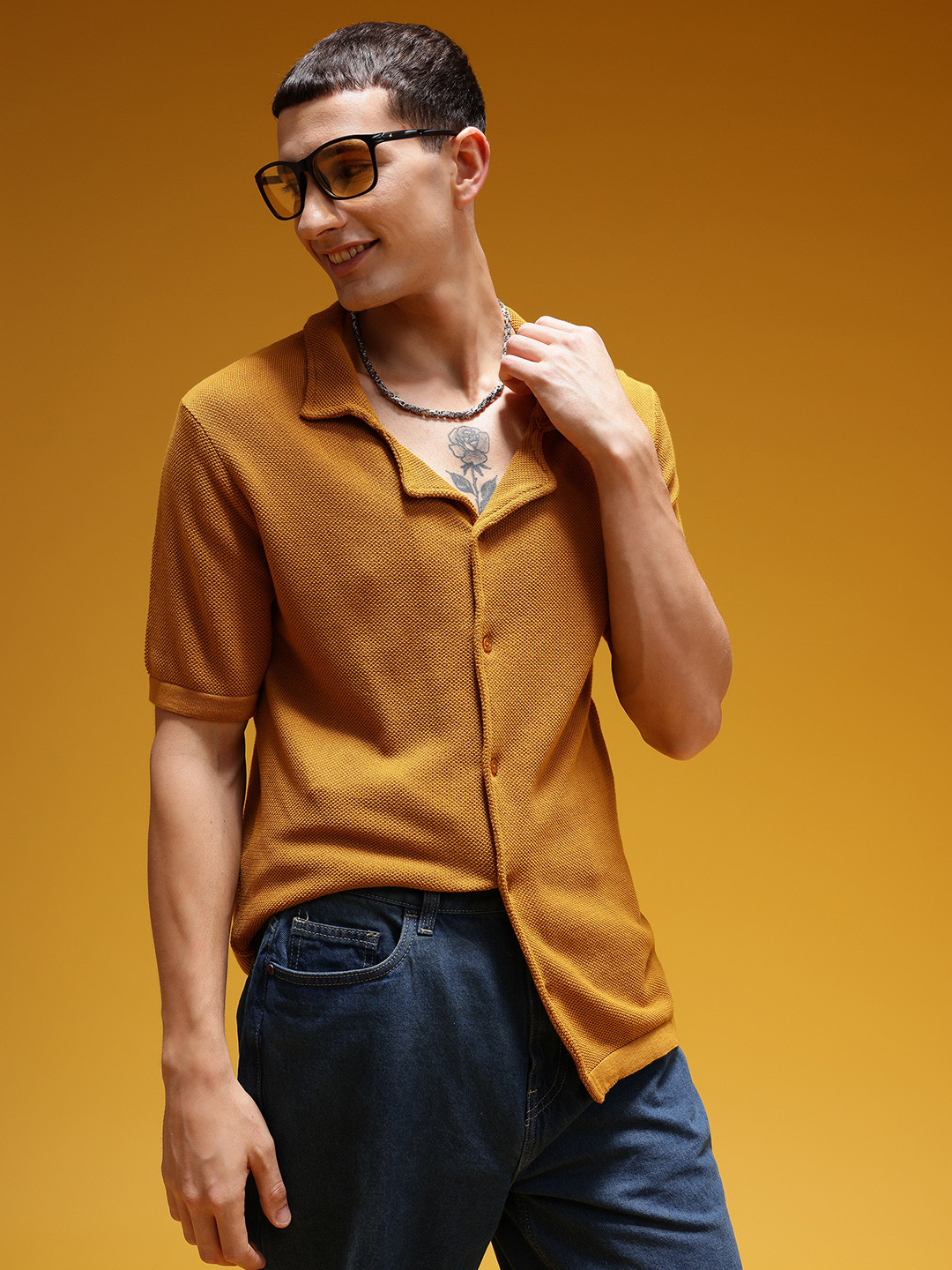 HERE&NOW Cable-Knits Cuban Collar Pure Cotton Opaque Casual Shirt
