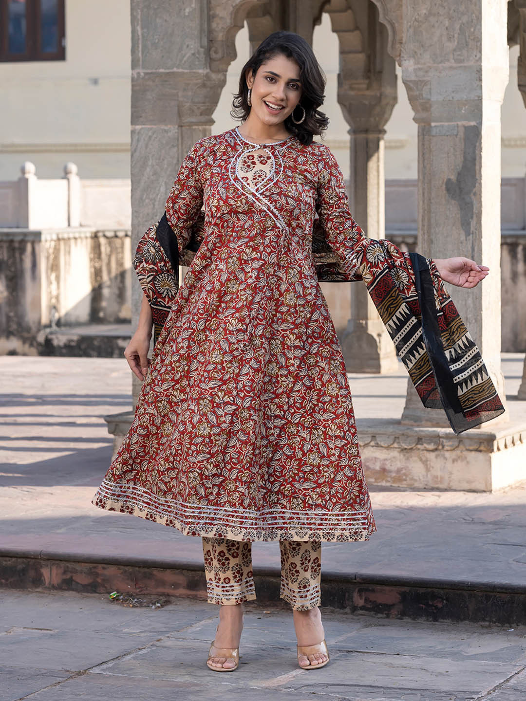 KALINI Floral Printed Gotta Patti Anarkali Cotton Kurta With Trousers & Dupatta