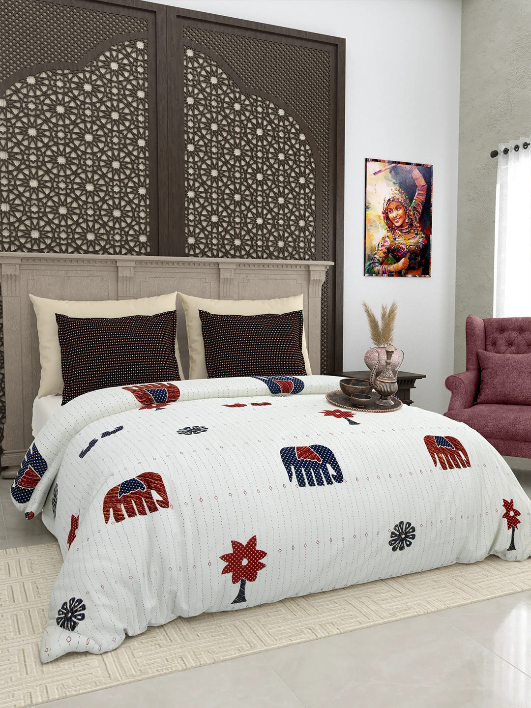 LIVING ROOTS White Animal Pure Cotton Skin-Friendly 210 TC Super King Bedsheet with 2 Pillow Covers-274 x 274 cm