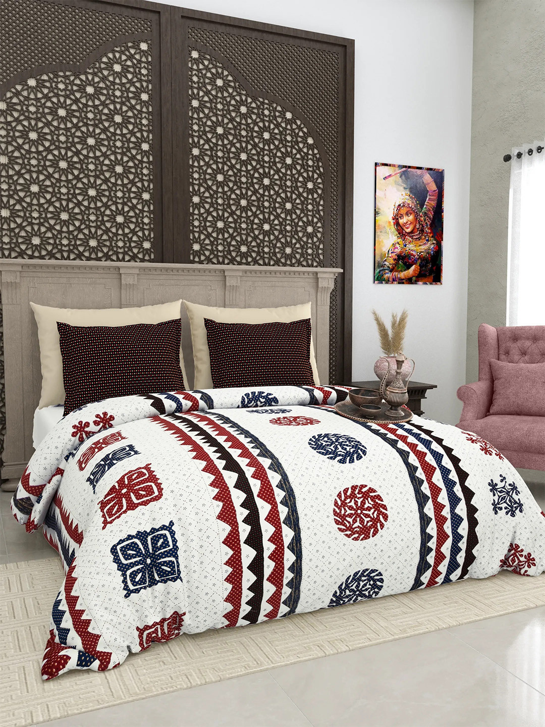 LIVING ROOTS White Floral Cotton Dotted 210 TC King Fine Bedsheet with 2 Pillow Covers-104 x 104 inches