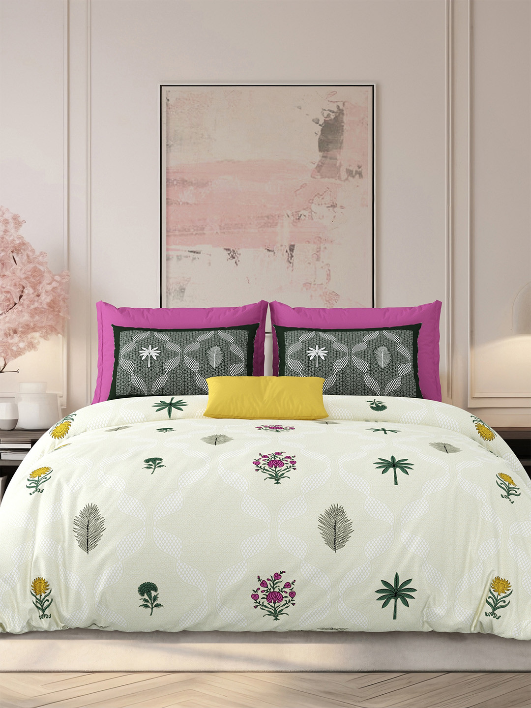 LIVING ROOTS Cream Floral Pure Cotton Breathable 210 TC King Fine Bedsheet with 2 Pillow Covers-104 x 104 inches