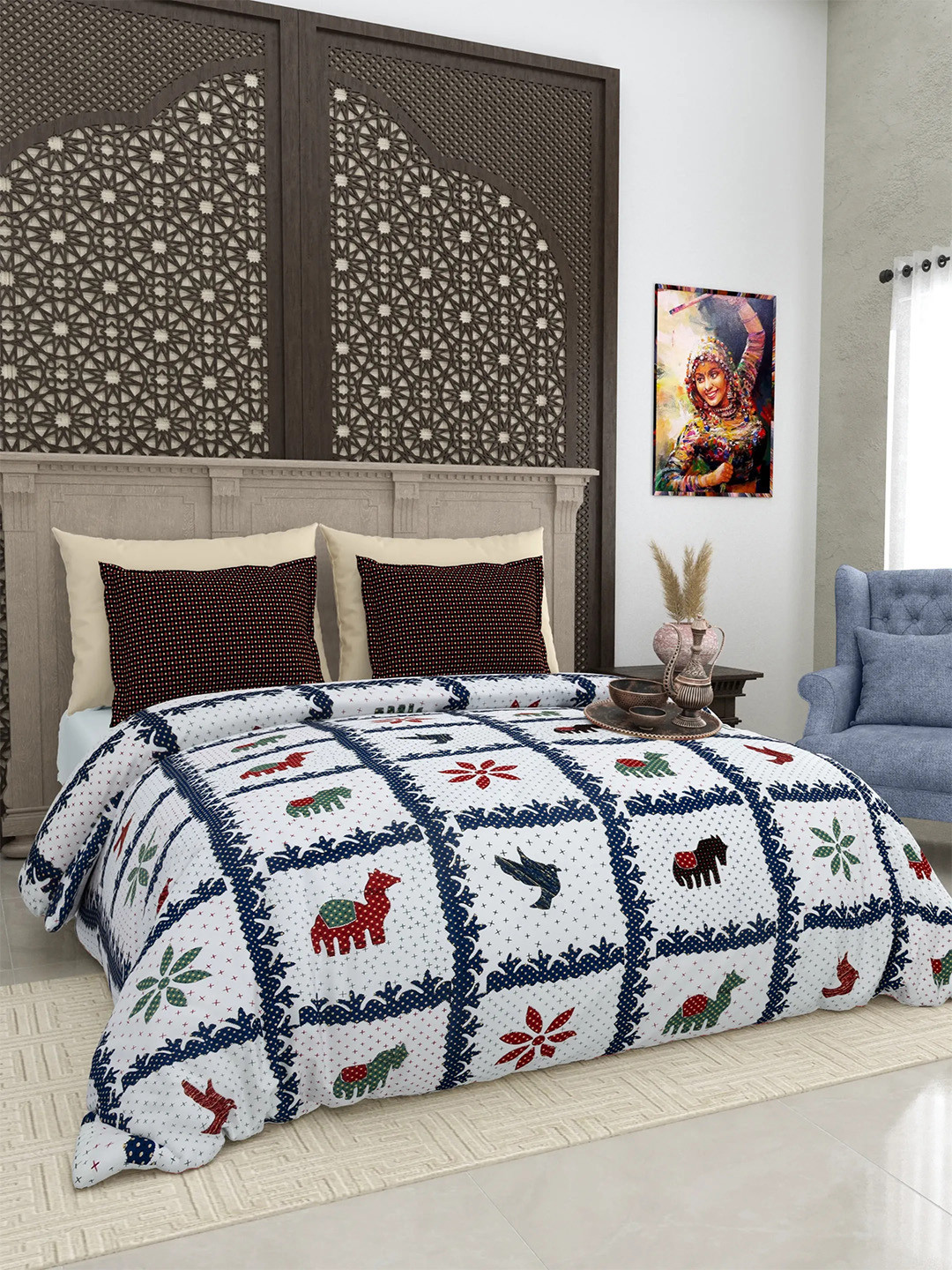 LIVING ROOTS White Floral Cotton Dotted 210 TC King Fine Bedsheet with 2 Pillow Covers- 104 x 104 inches
