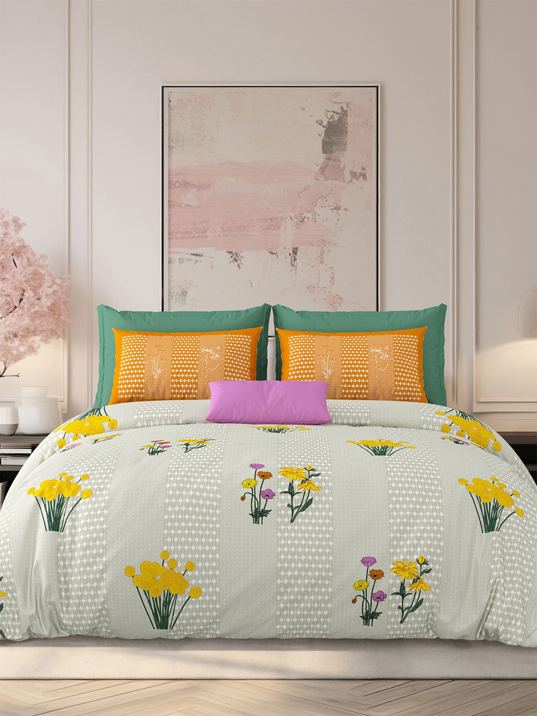 LIVING ROOTS Pari Kashida Yellow Floral Cotton Skin-Friendly 210 TC King Fine Bedsheet with 2 Pillow Covers-103 x 103 inches