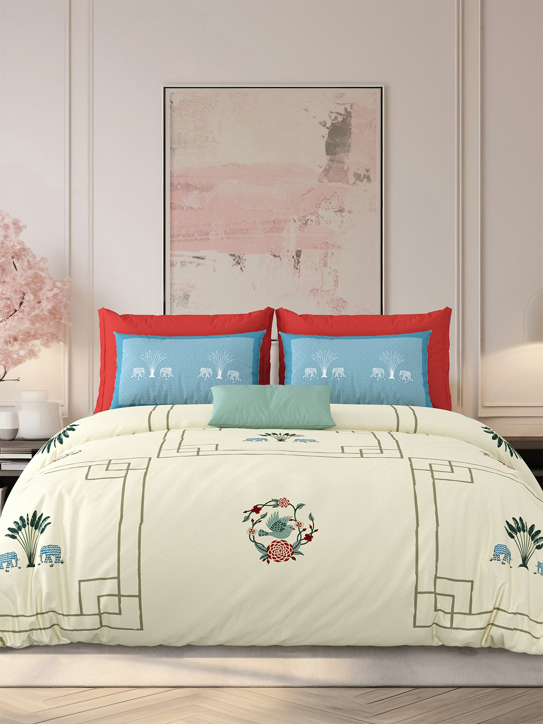 LIVING ROOTS Amra Yellow Animal Pure Cotton Breathable 210 TC King Fine Bedsheet with 2 Pillow Covers-103 x 103 inches