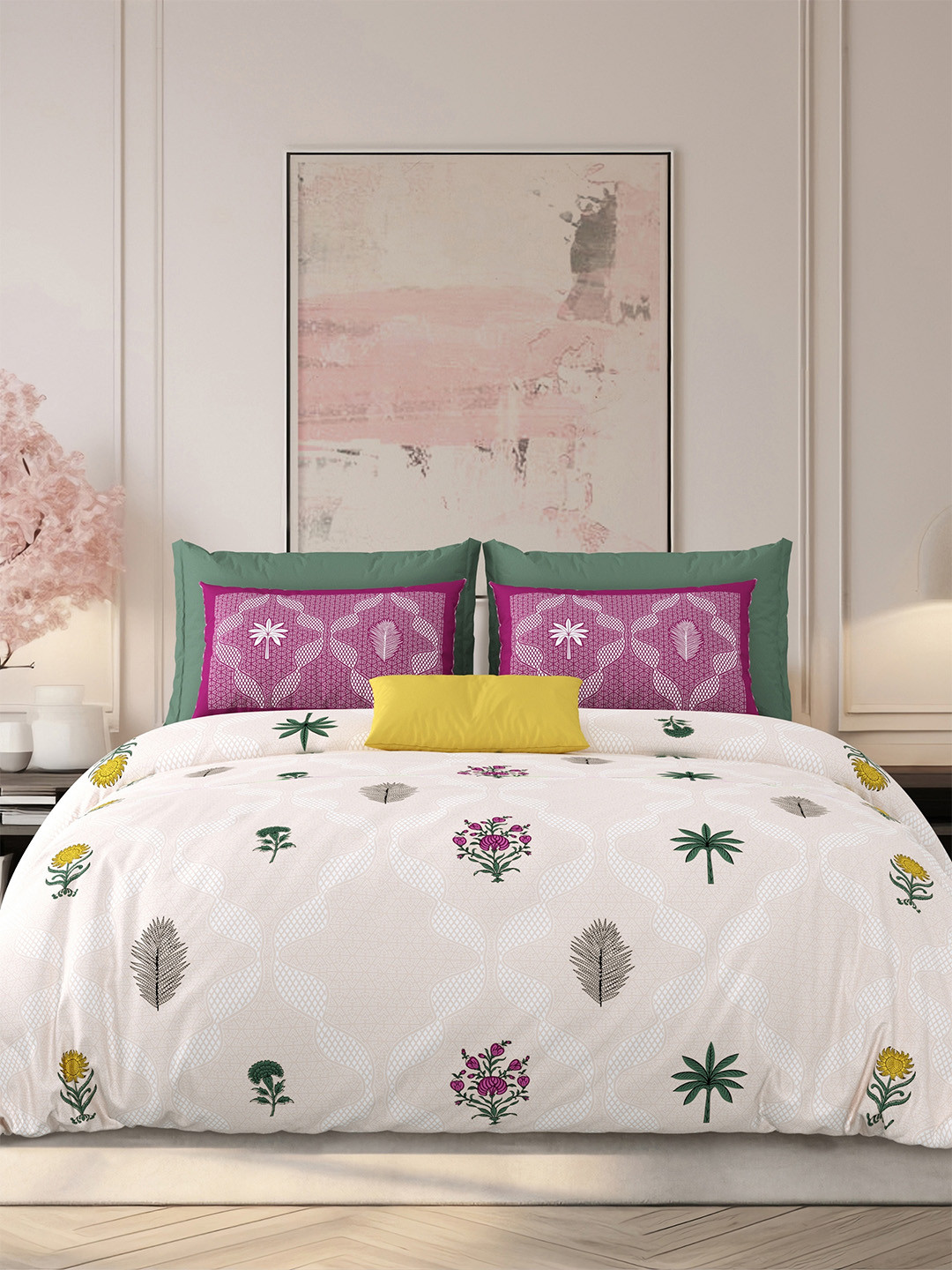 LIVING ROOTS White Floral Pure Cotton Skin-Friendly 210 TC Super King Fine Bedsheet with 2 Pillow Covers-59 x 87 inches