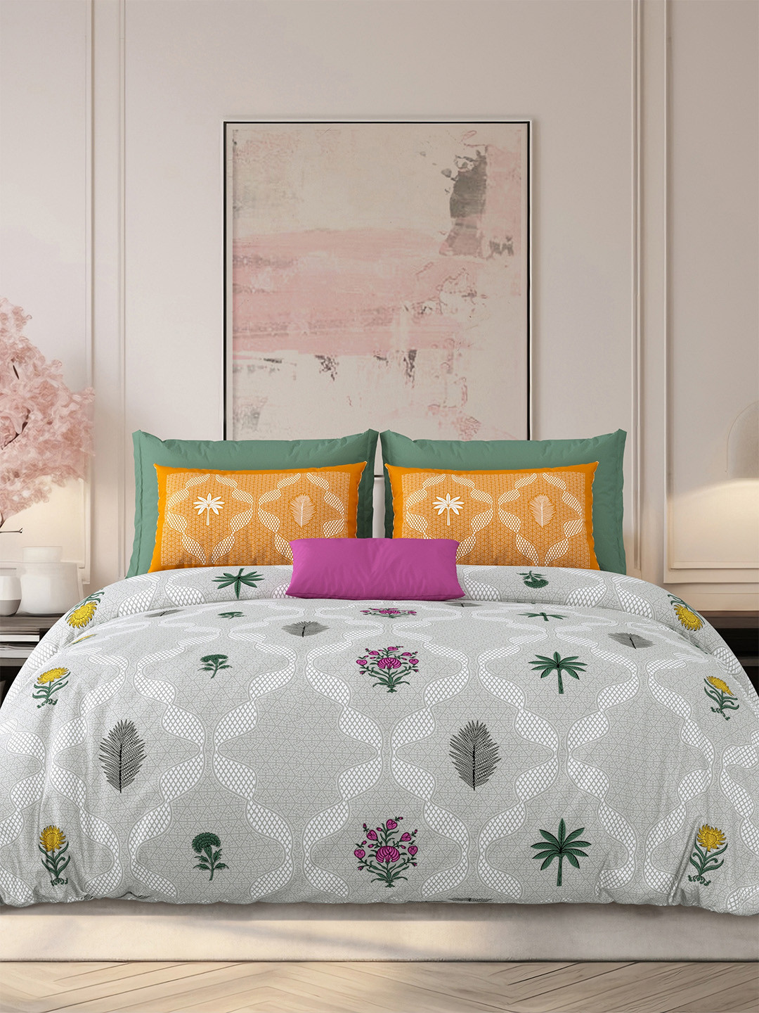LIVING ROOTS Green Floral Cotton Skin-Friendly 210 TC King Fine Bedsheet with 2 Pillow Covers-264.16 x 264.16 cm