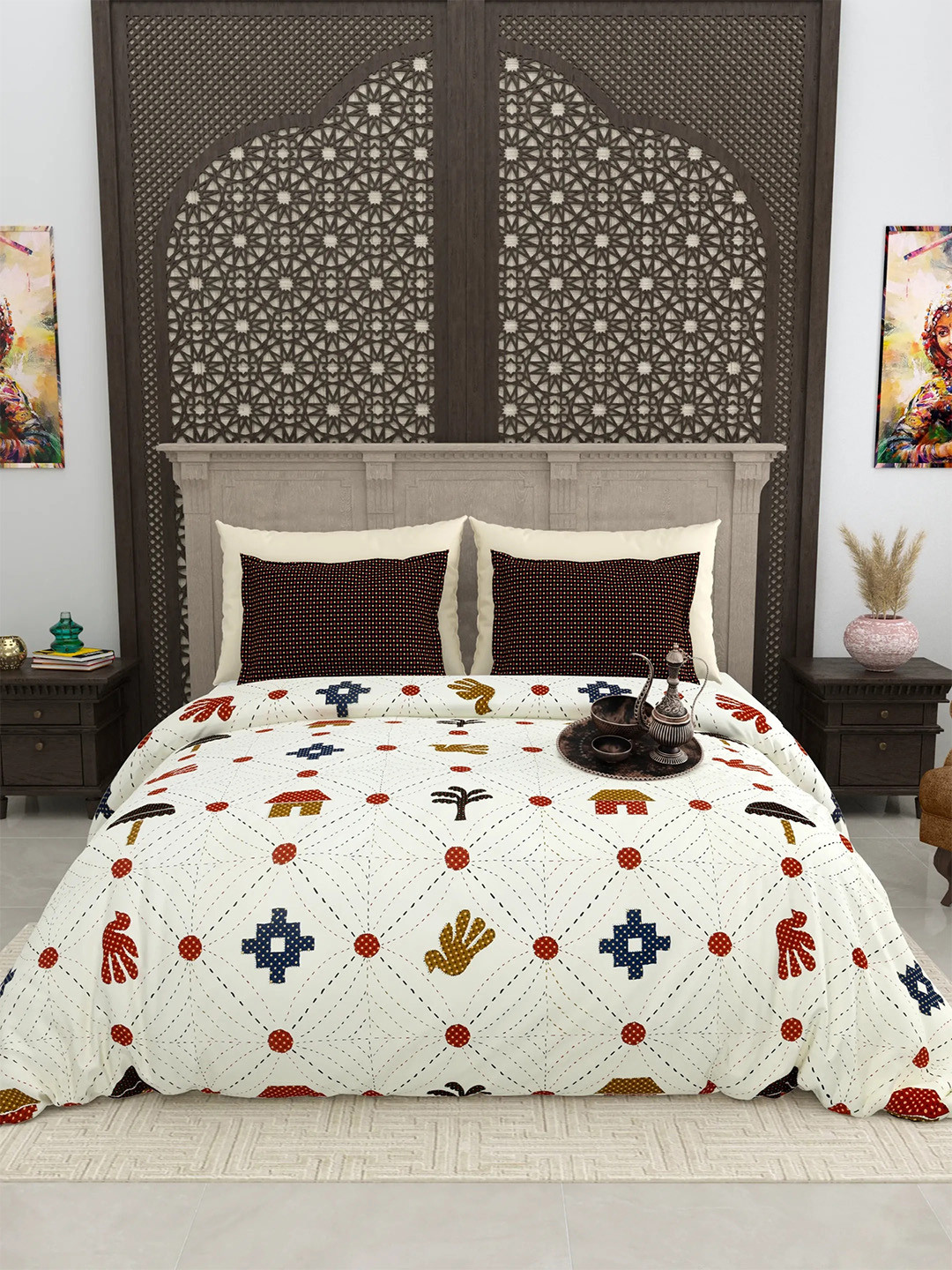 LIVING ROOTS Mansion White Floral Pure Cotton 210 TC Super King Superfine Bedsheet with 2 Pillow Covers-264.16 x 264.16 cm