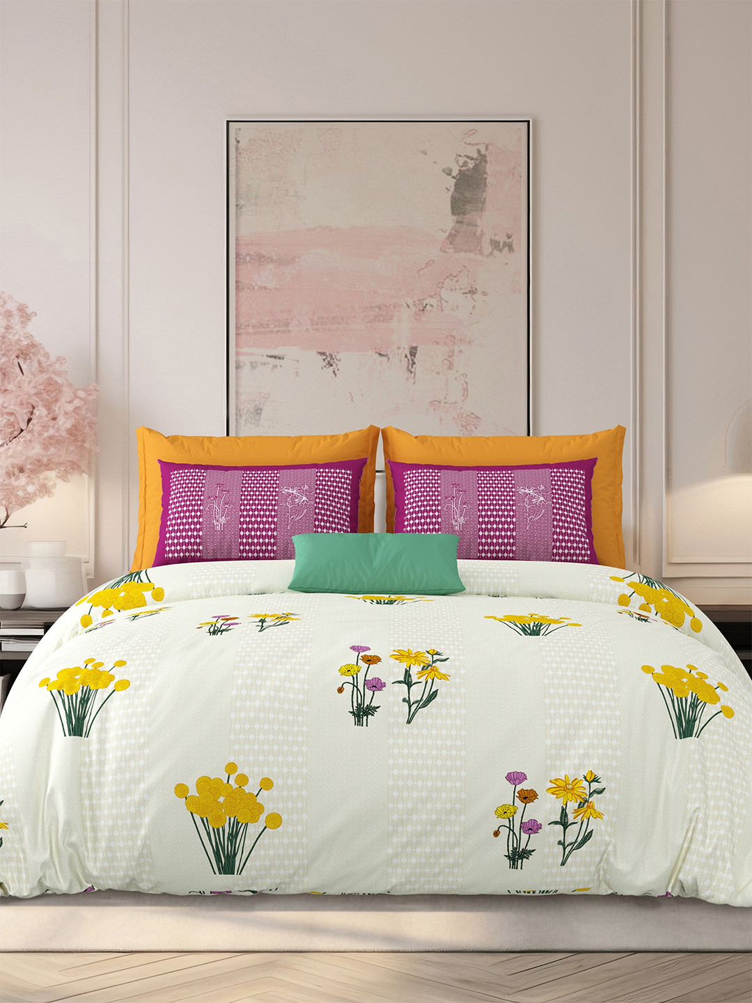 LIVING ROOTS Cream Floral Pure Cotton Breathable 210 TC King Fine Bedsheet with 2 Pillow Covers-103 x 103 inches