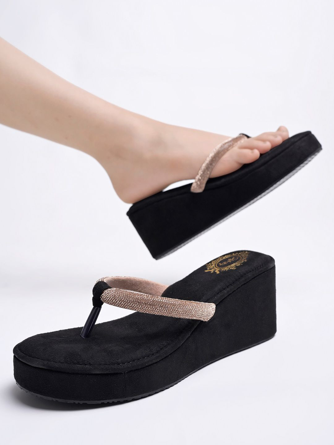 Stylestry Embellished Suede Wedge Heel Sandals