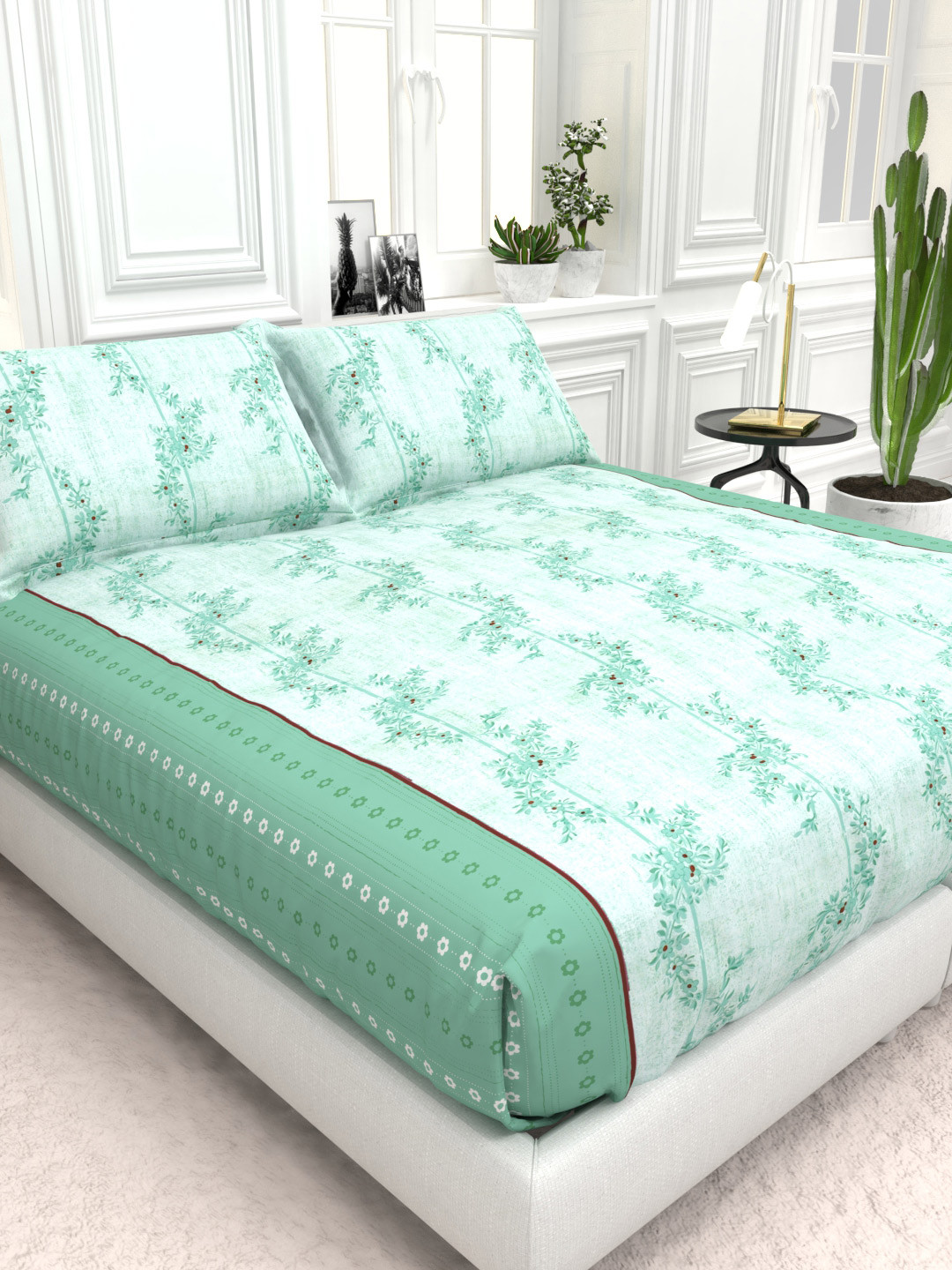 THE WHITE MOSS Green Floral Cotton 210 TC King Fine Bedsheet with 2 Pillow Covers-108 x 108 inches