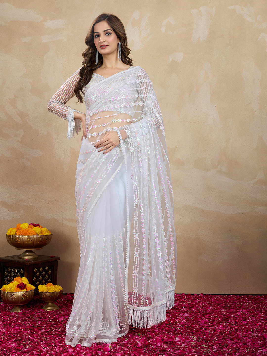 Trendmalls Striped Beads and Stones Embellished Net Saree
