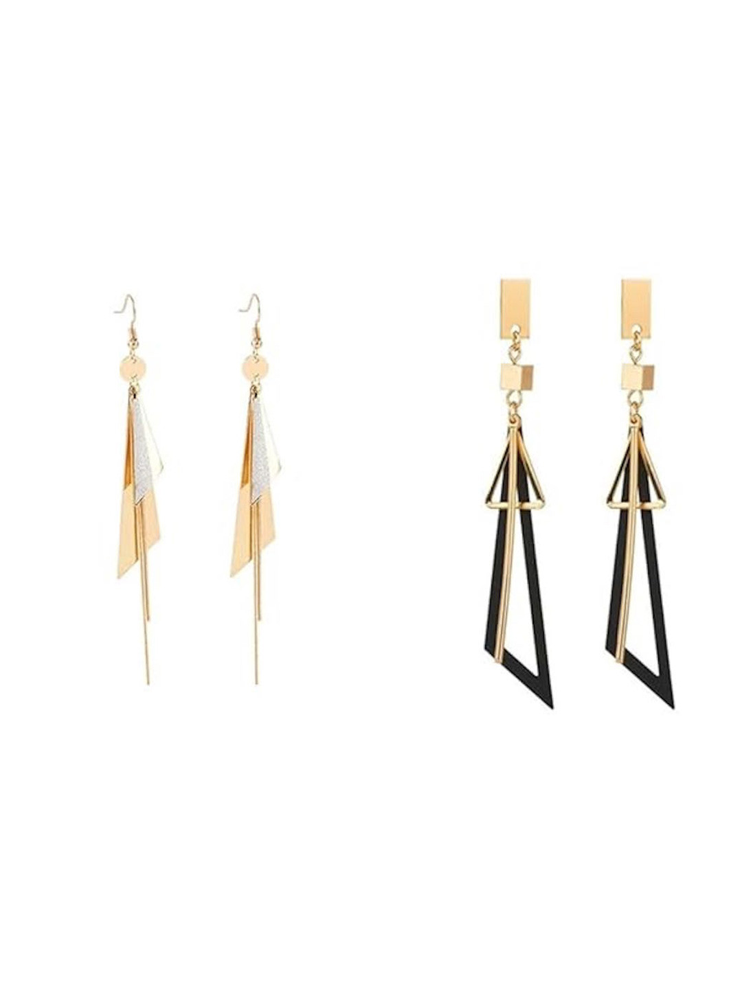 Nilu's Collection Set Of 2 Gold-Plated Fancy Hollow Triangle Long Geometric Drop Earrings