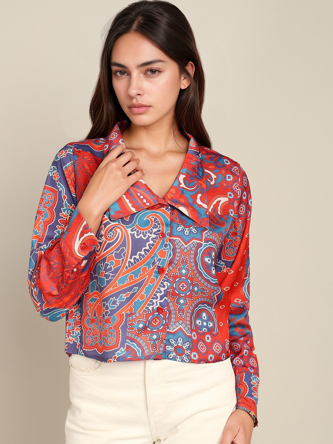 all about you Women Classic Above the Keyboard Collar Ethnic Motifs Printed Formal Shirt