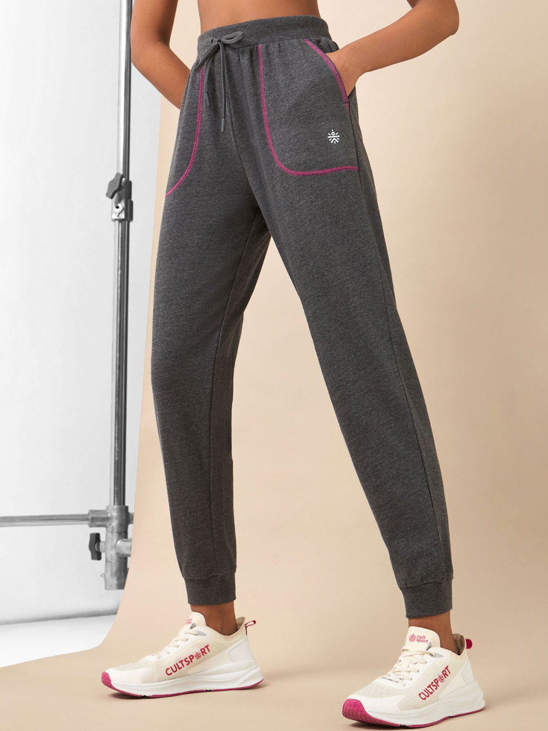 CULT Women Grey Melange Pop Up Thread Leisure Joggers