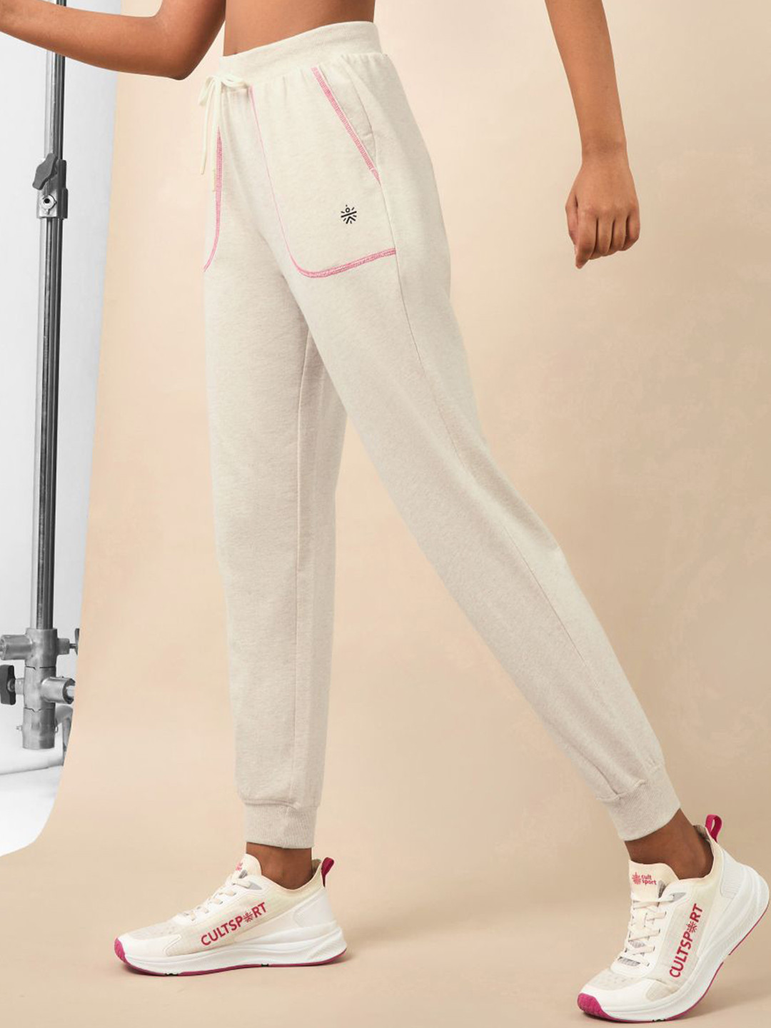 CULT Women Beige Melange Pop Up Thread Leisure Joggers