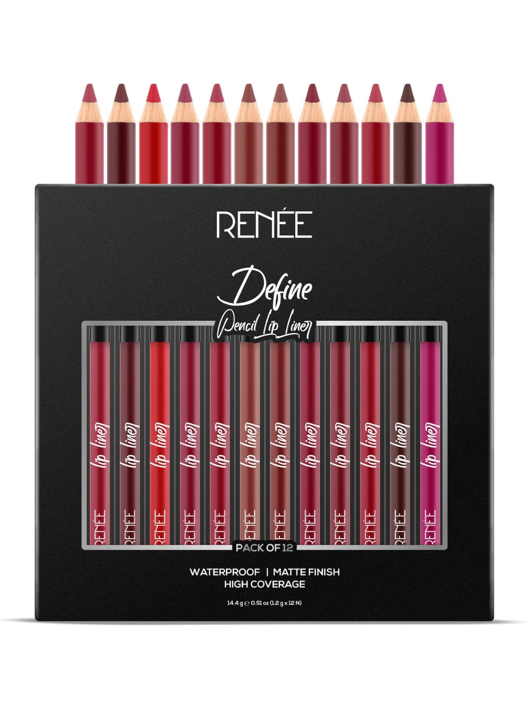 Renee Define Set Of 12 Matte Pencil Lip Liner With Vitamin E & Castor Oil - 1.2g Each