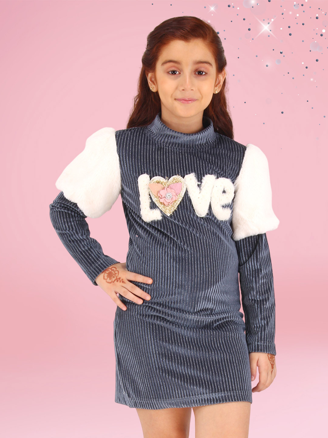 CUTECUMBER Girls Embellished Velvet Mini Sheath Dress with Fur Detail