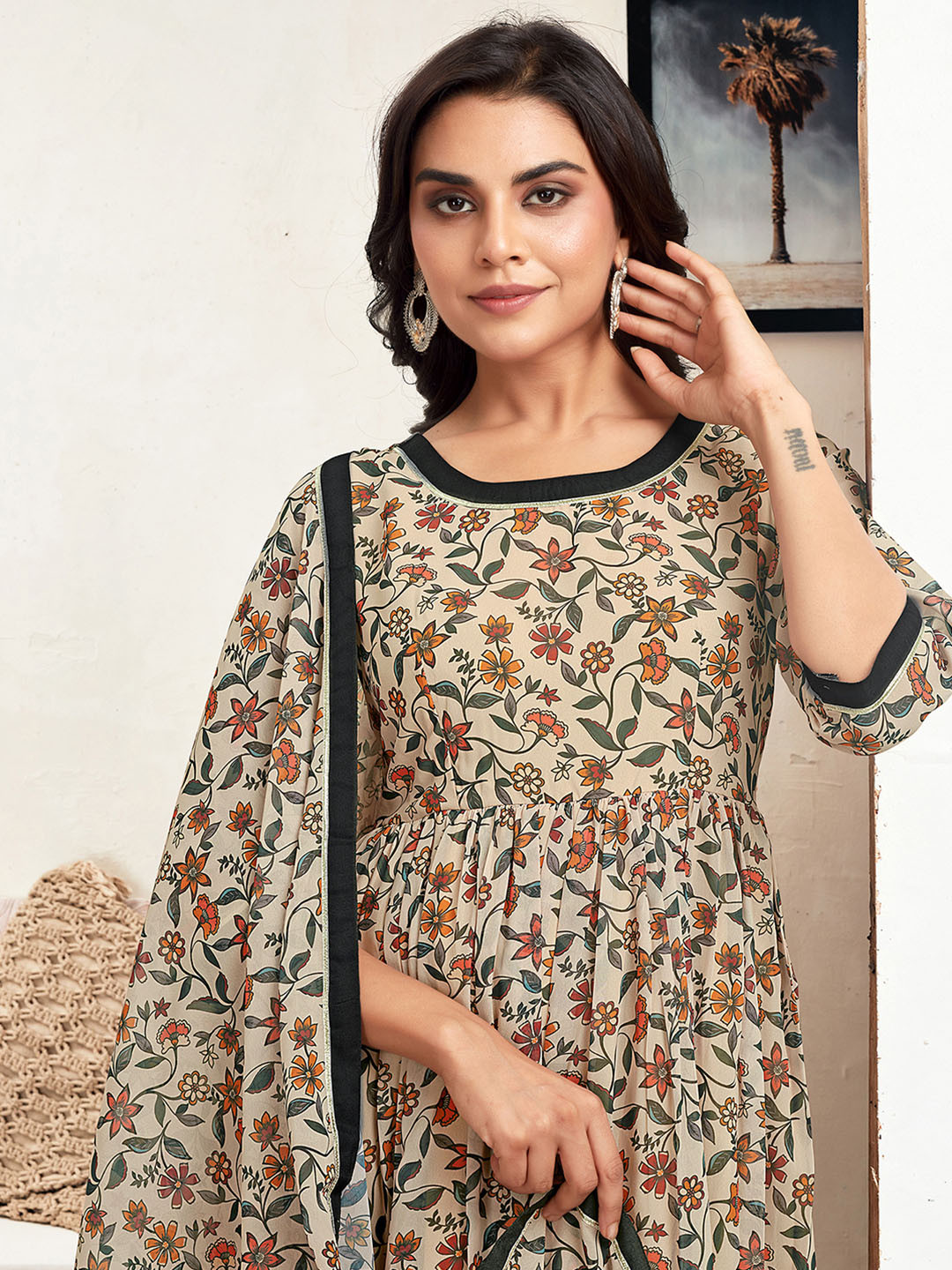 KALINI Floral Printed Pleated Georgette Anarkali Kurta With Trouser & Dupatta