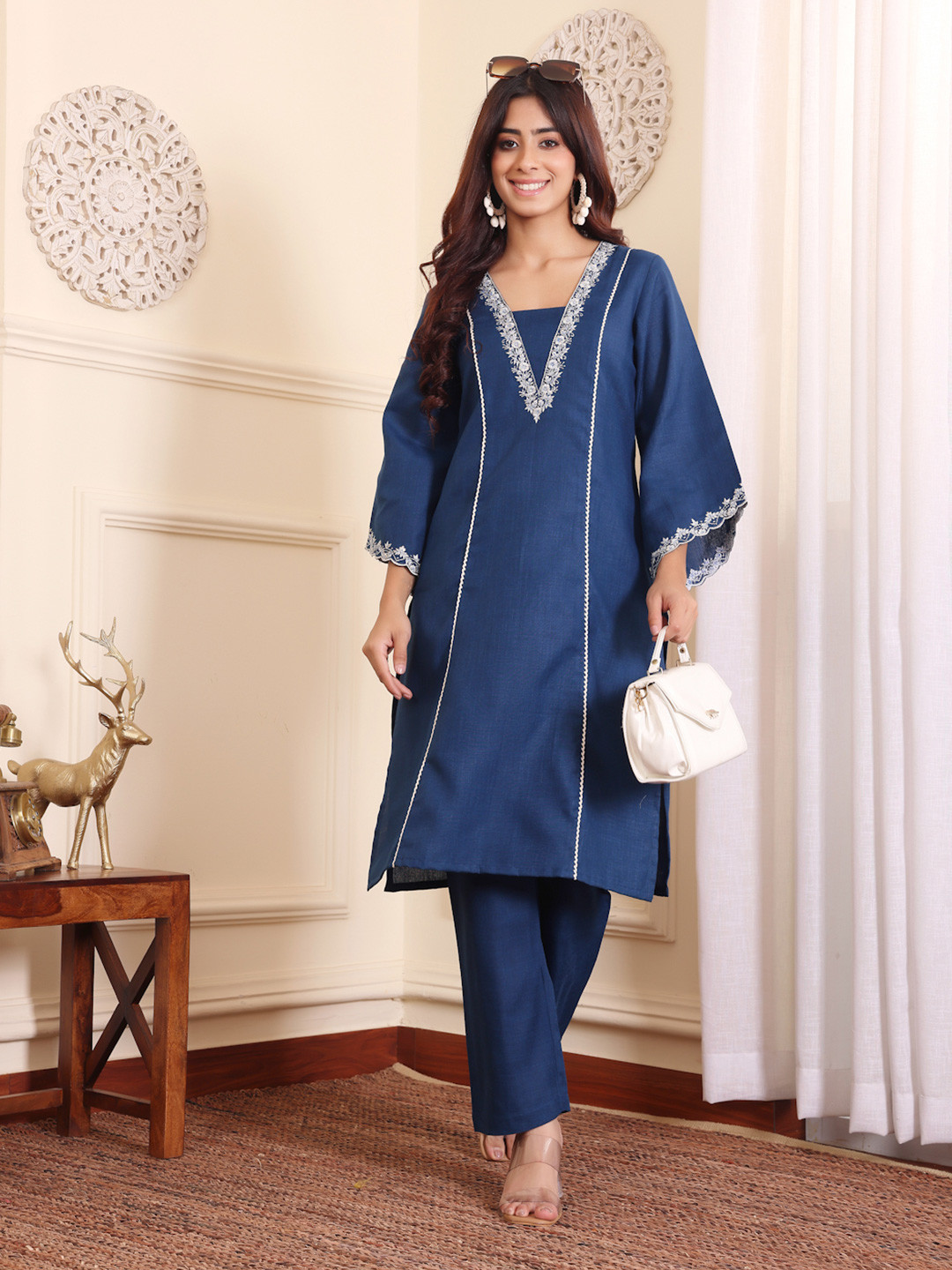 Varanga Navy Blue and White Square Neck Floral Embroidered Top With Trouser