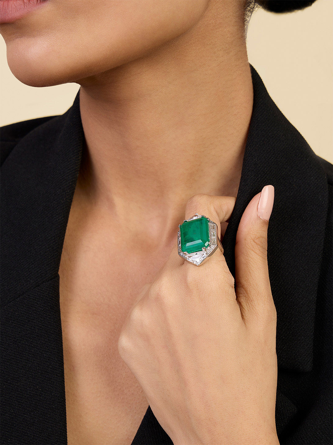 Isharya Rhodium-Plated Cubic Zirconia Stone Studded Cocktail Finger Ring