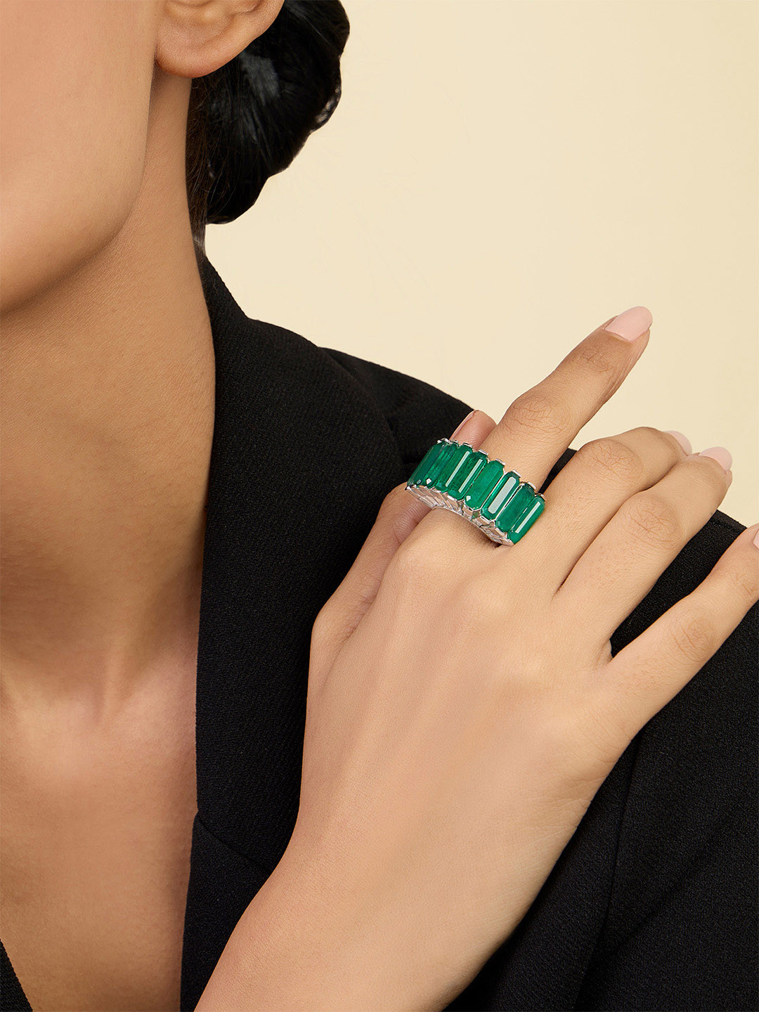 Isharya Rhodium-Plated Cubic Zirconia Stone Studded Baguette Finger Ring