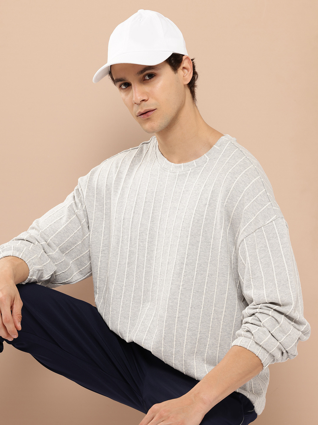 Alcis Striped Drop Shoulder Sleeve Sweatshirt with Typography Detail