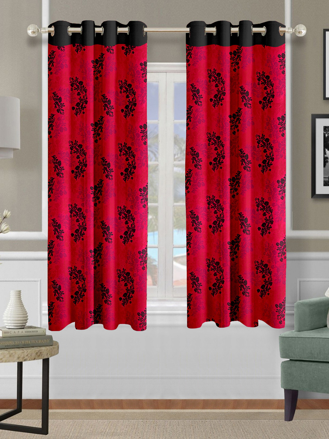 Cortina Red & Black 2 Pieces Floral Printed Emboss Window Curtains