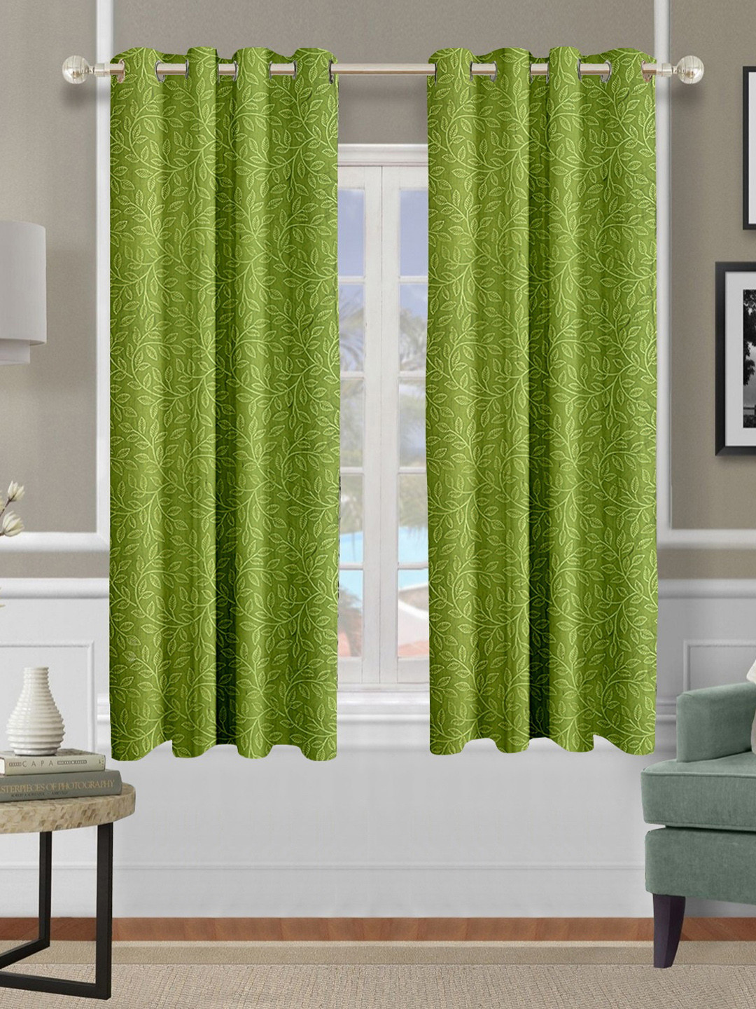 Cortina Green 2 Pieces Floral Printed Emboss Window Curtains