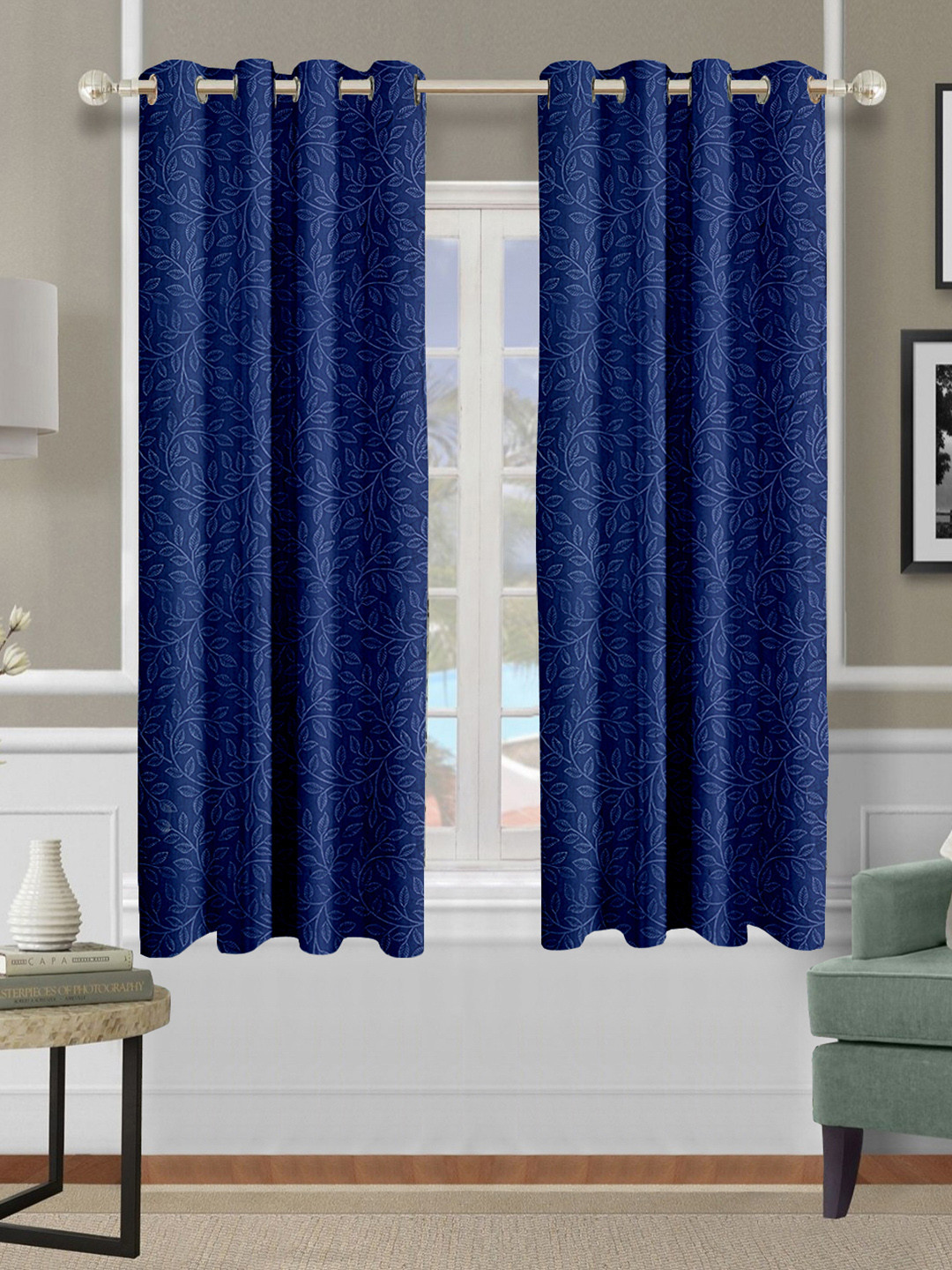 Cortina Blue2 Pieces Floral Printed Windows