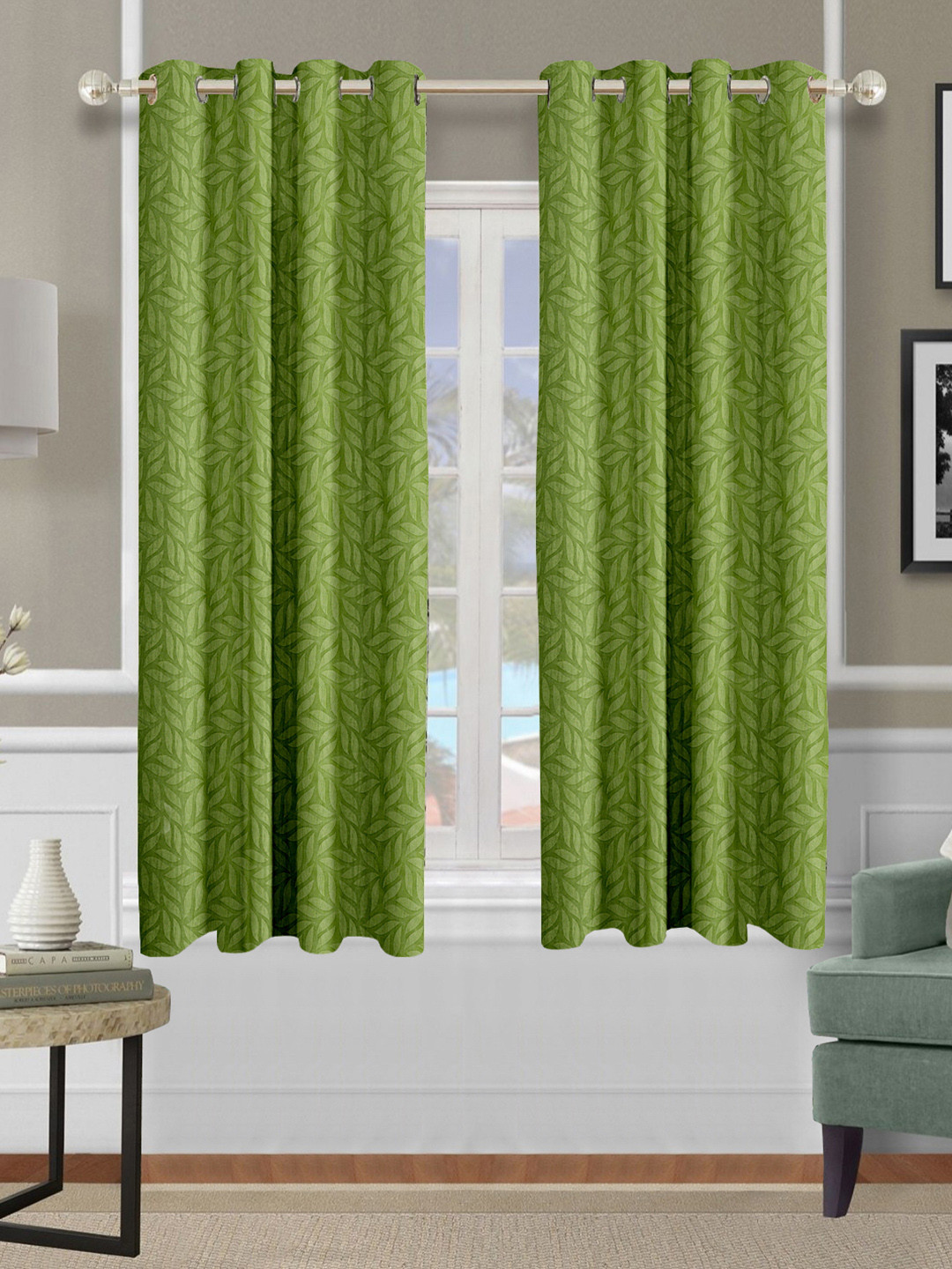 Cortina Green 2 Pieces Floral Printed Emboss Window Curtains