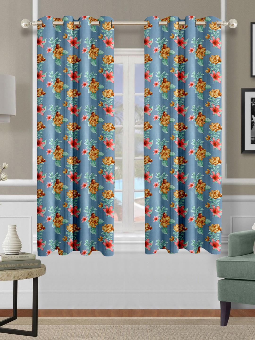 Cortina Blue & Pink 2 Pieces Floral Printed Window Curtains