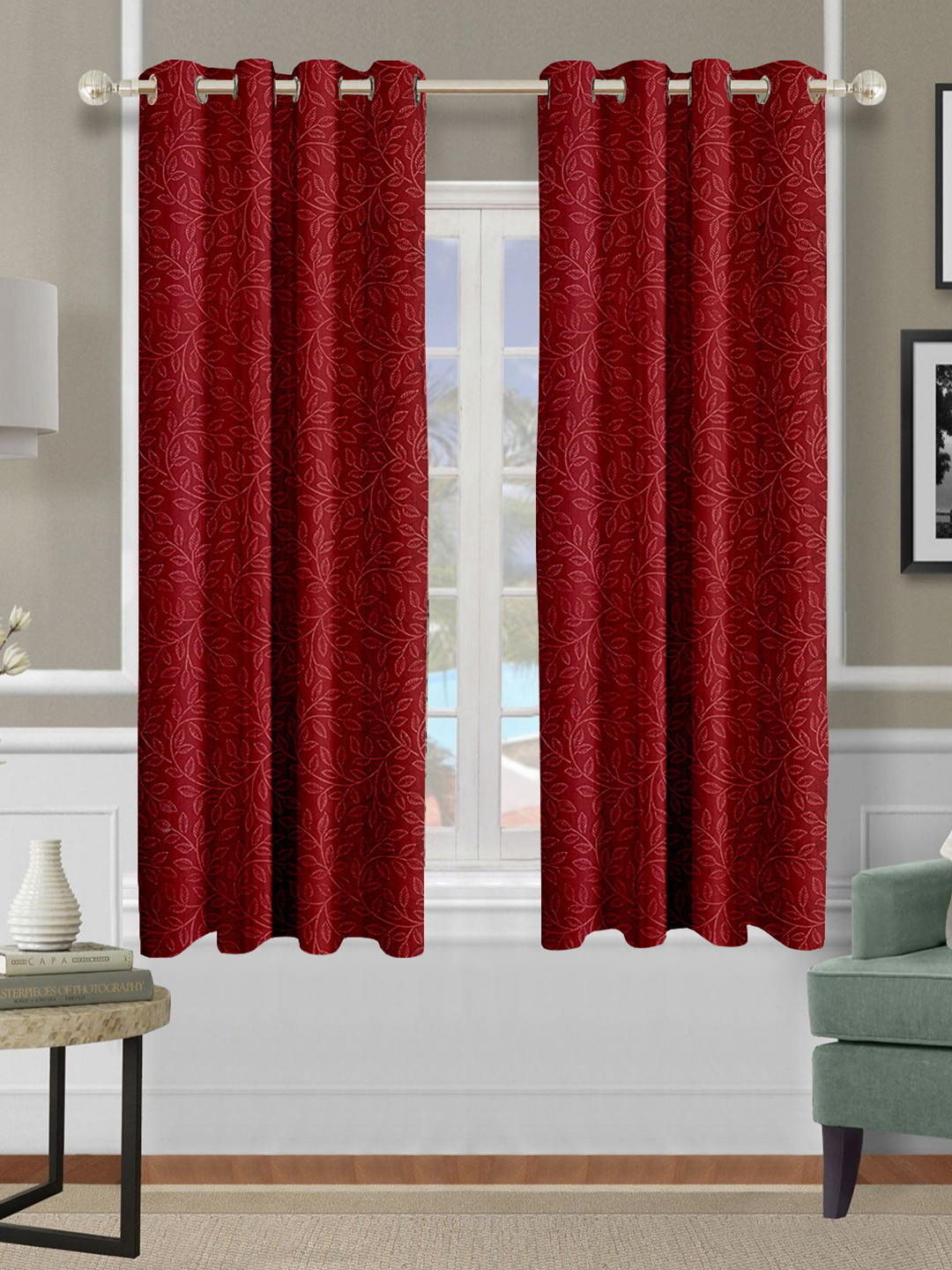 Cortina Red 2 Pieces Floral Printed Emboss Window Curtains