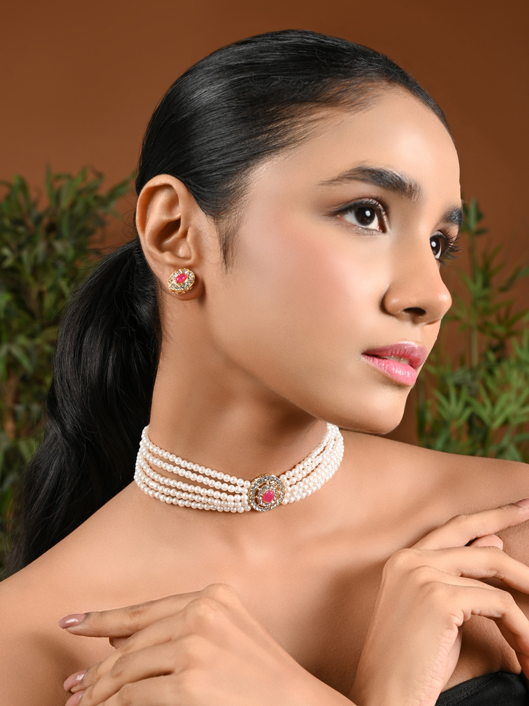 I Jewels 18K Gold Plated Pearls & Stones Studded Jewellery Set