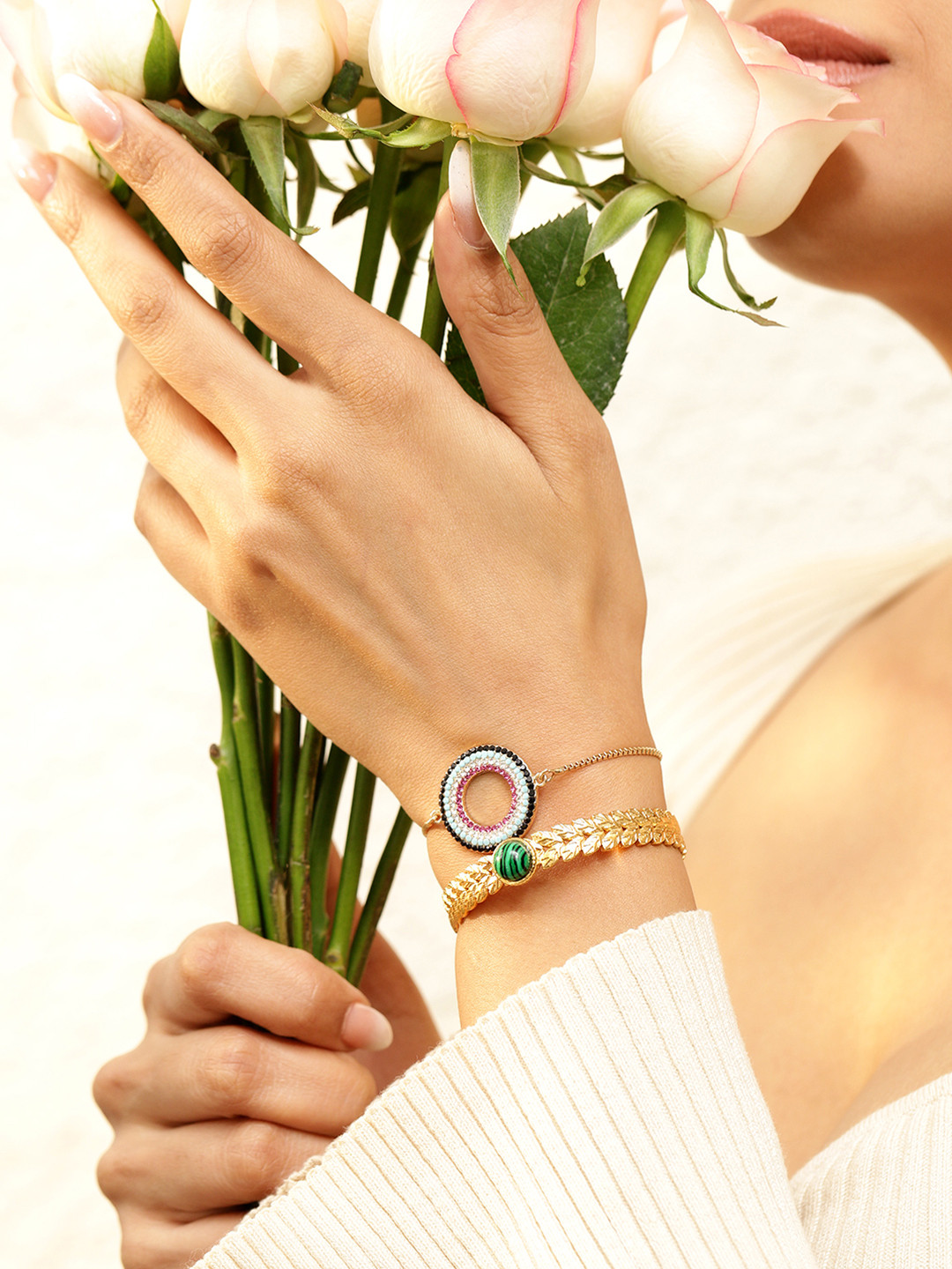 Rubans Set of 2, 18K Gold-Plated Bracelets with Beaded Circular Design & Green Stone Cuff