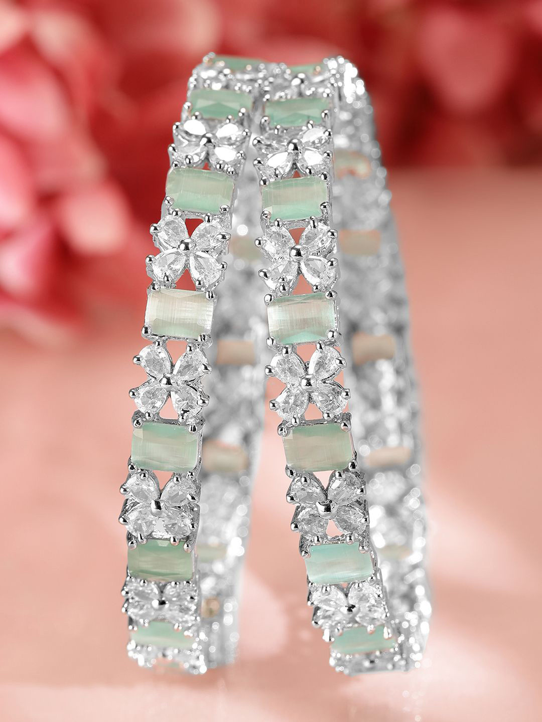 Rubans Set of 2 Rhodium-Plated Bangles with Green Stones & Cubic Zirconia