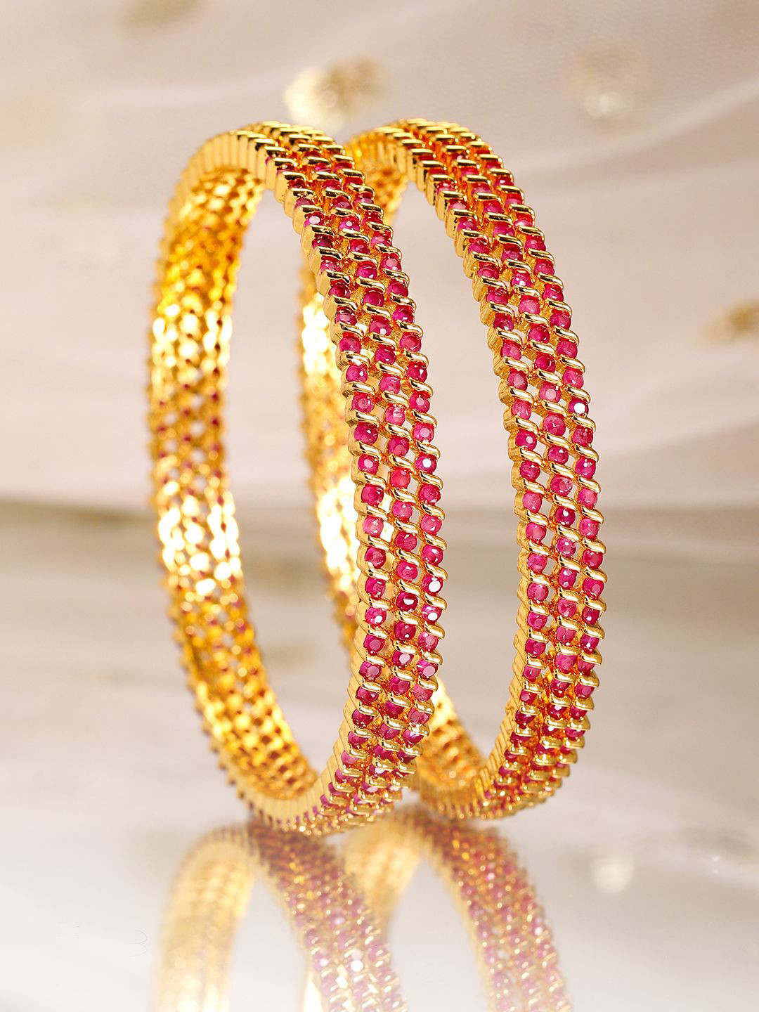 Rubans Set of 6, 22K Gold-Plated Ruby Pink Stone Studded Handcrafted Bangles